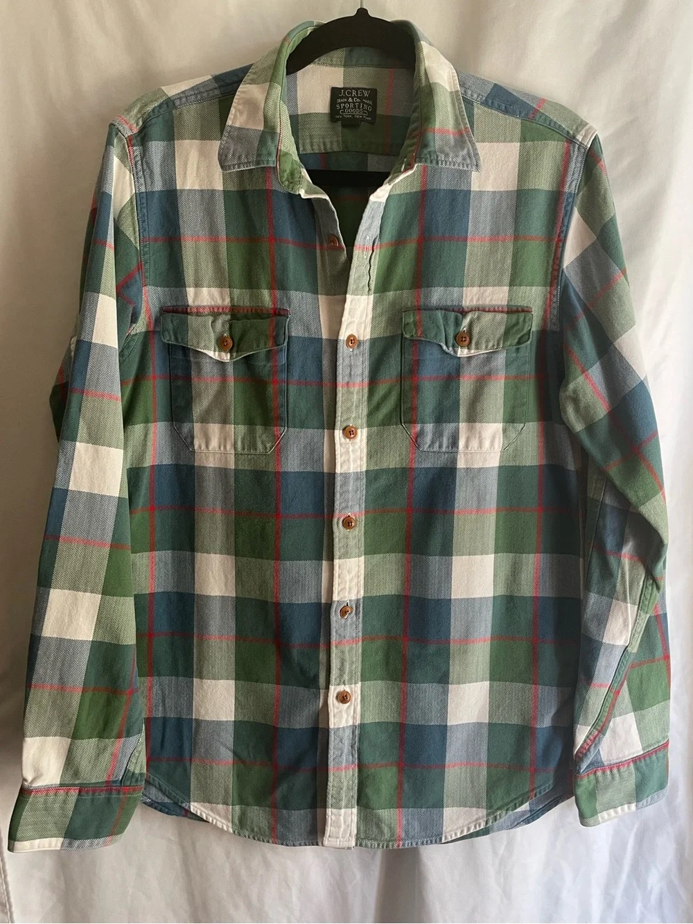 JCrew Sporting Goods Flannel Shirt Mens Medium M Green Plaid Cotton Workwear